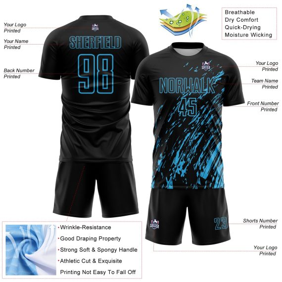 Custom Black Sky Blue Splash Sublimation Soccer Uniform Jersey