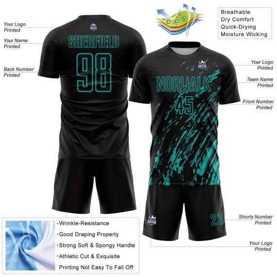 Custom Black Aqua Splash Sublimation Soccer Uniform Jersey
