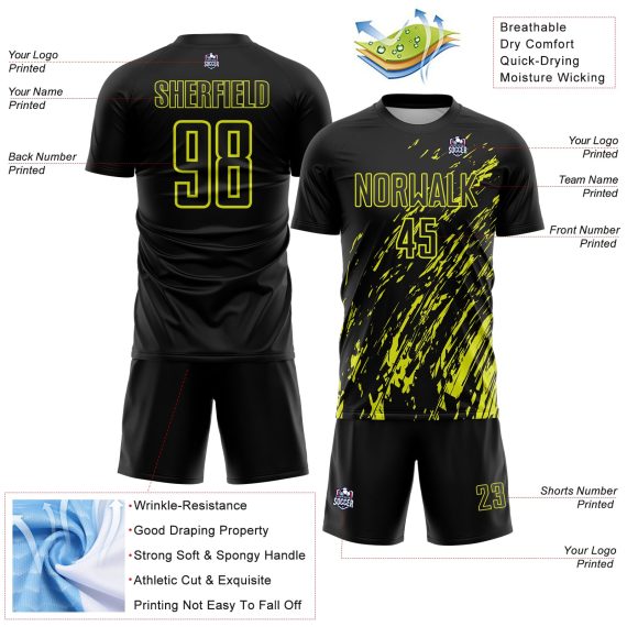 Custom Black Neon Yellow Splash Sublimation Soccer Uniform Jersey