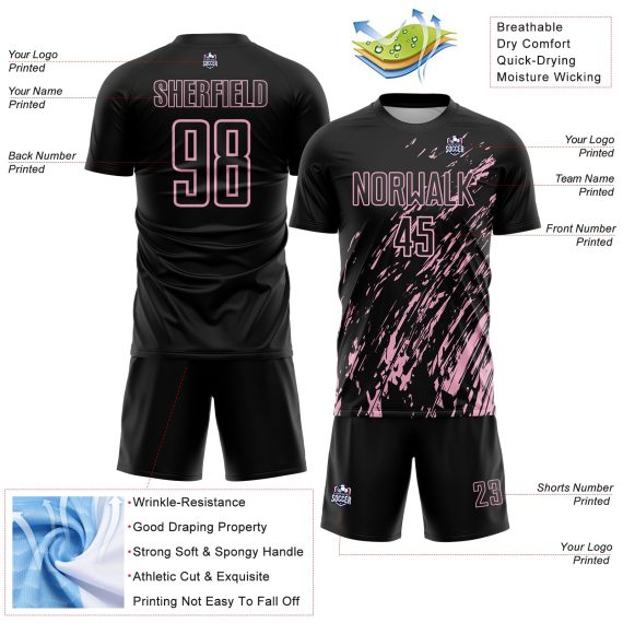 Custom Black Light Pink Splash Sublimation Soccer Uniform Jersey