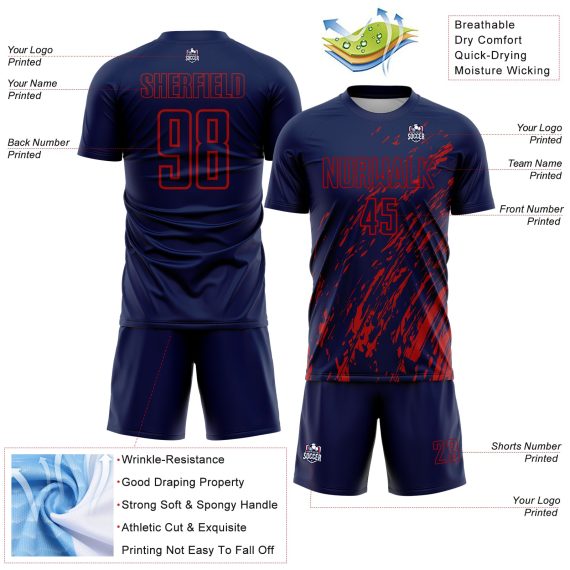 Custom Navy Red Splash Sublimation Soccer Uniform Jersey