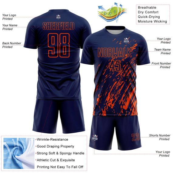 Custom Navy Orange Splash Sublimation Soccer Uniform Jersey