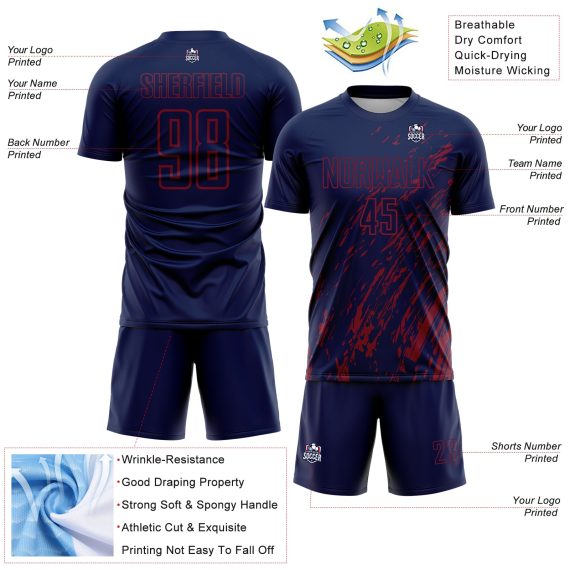 Custom Navy Crimson Splash Sublimation Soccer Uniform Jersey
