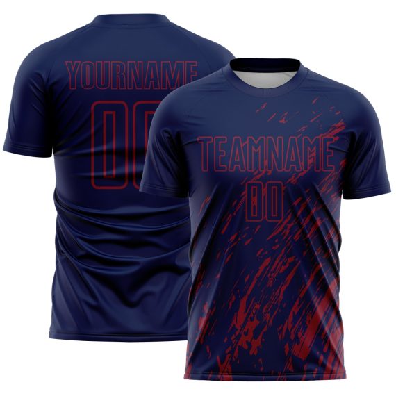 Custom Navy Crimson Splash Sublimation Soccer Uniform Jersey